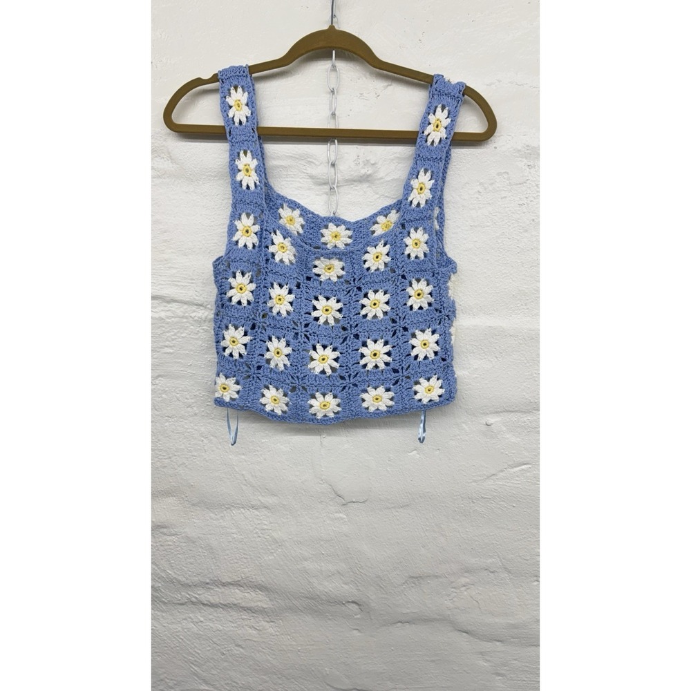Crochet Granny Square Crop Daisy Top Sz M Tank Sleeveless Boho Hippie Colorful